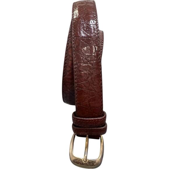 Cole Haan Croc Textured Animal Print Leather Belt Brown Dress Solid Brass Sz 36 - Picture 1 of 13